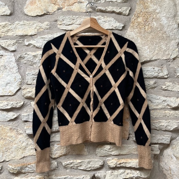 CASHMERE CARDIGAN INTARSIA BLACK/BONE/BEIGE size Small - Picture 3 of 7